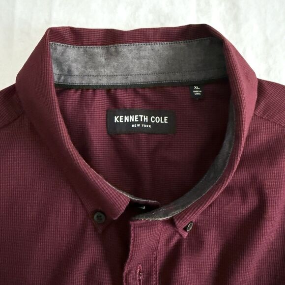 Mens Kenneth Cole Dress Shirt Burgundy Micro Checked Button Down Stretch Sz XL - Picture 5 of 9